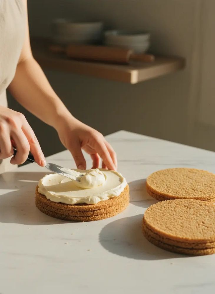 Hands spreading cream between thin sponge layers while building a honey cake
